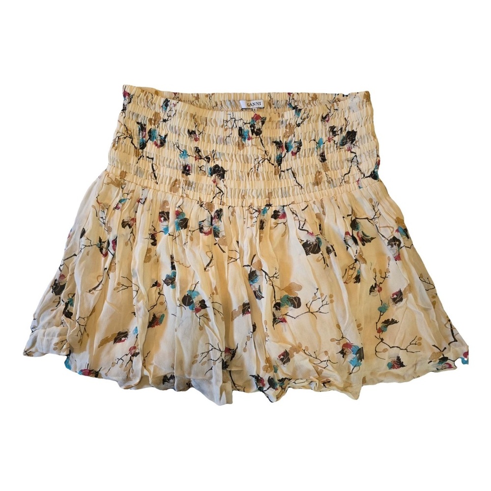 Ganni Beige Floral Smocked Ruffle Skirt